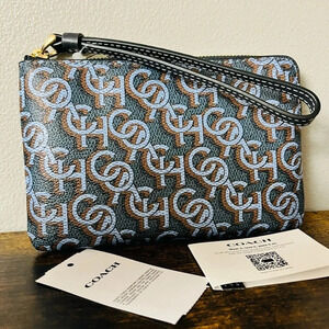 Coach Monogram Print Corner Zip Wristlet Navy Brown Gold Hardware NWT